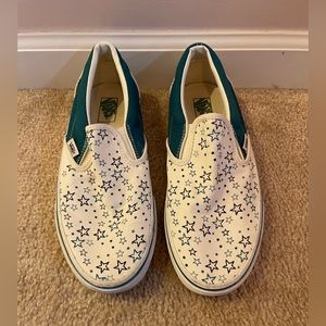 Vans Teal and White Star Slip-ons. Size 10.